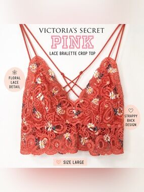Victoria’s Secret PINK Lace Bralette Crop Top Floral Strappy Back Size Large